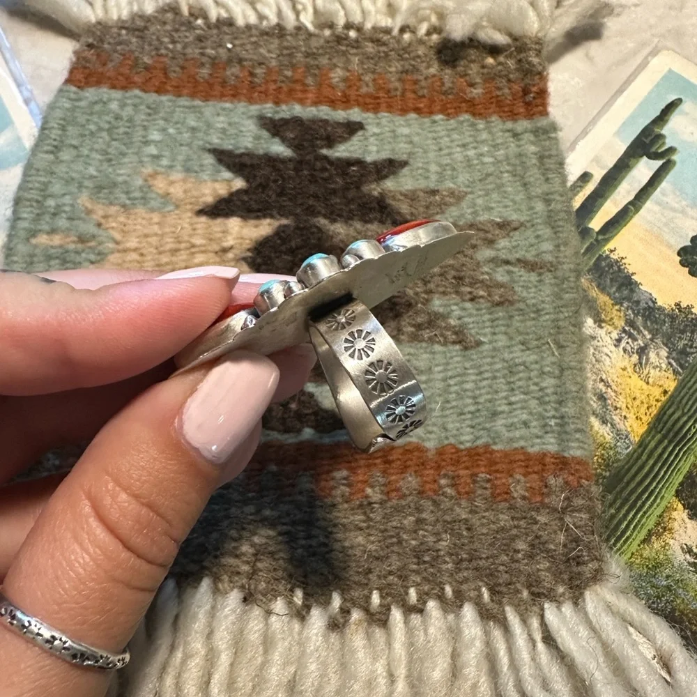 Sterling Silver Red Spiny and Turquoise Ring - Picture 4 of 5